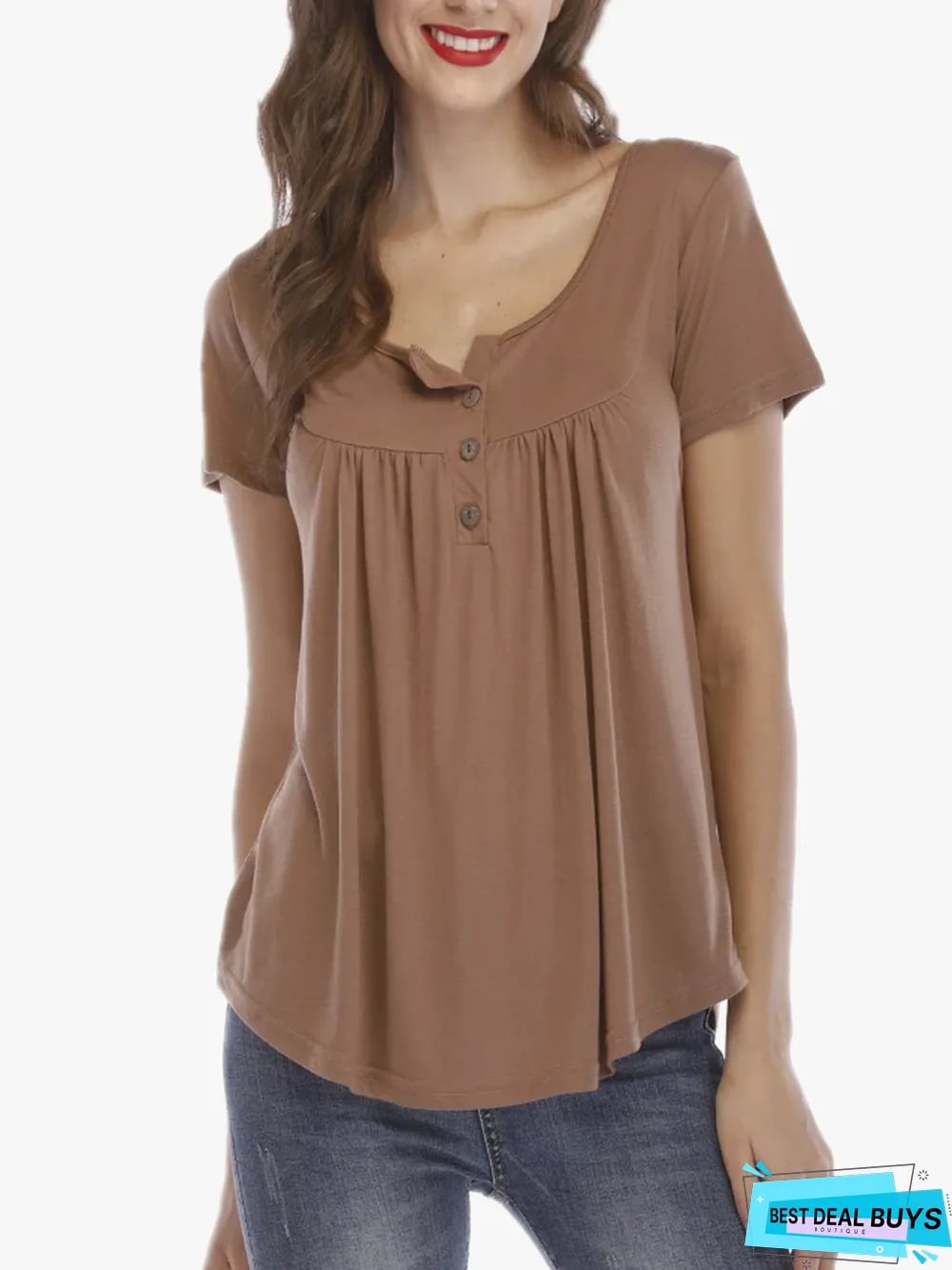 New Women's Pleated Button Loose Short Sleeve T-Shirt