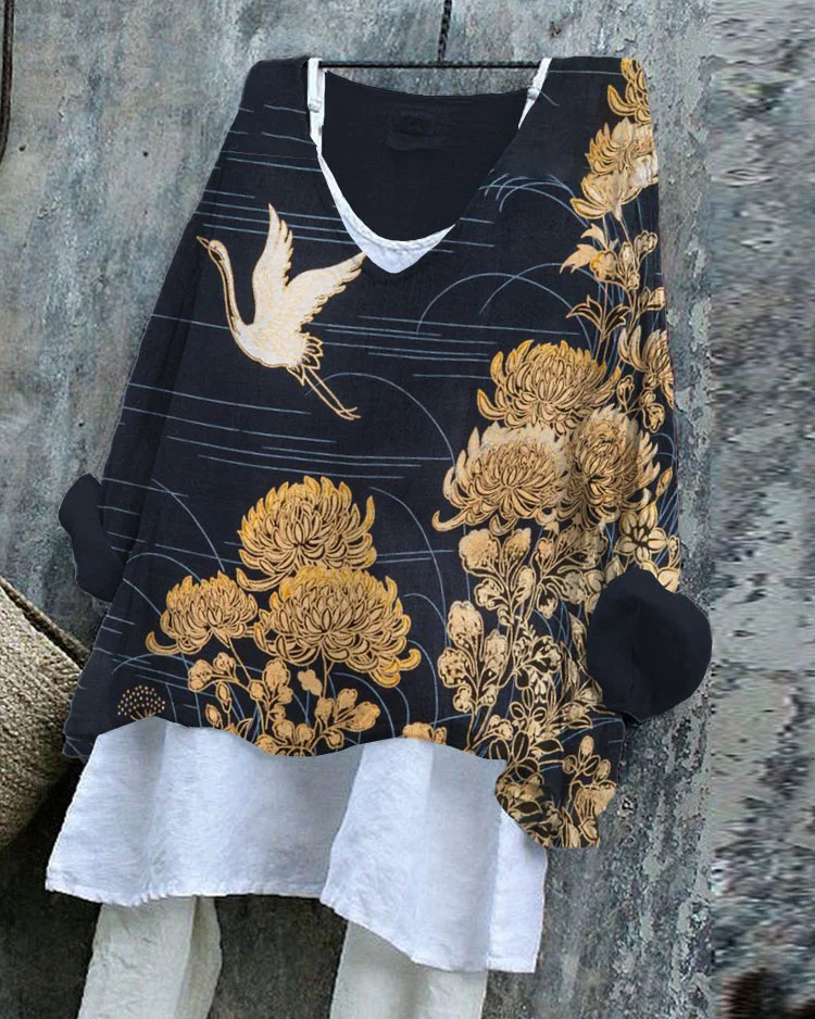 Golden Chrysanthemum Flying Crane Art Linen Blend Tunic Shirt