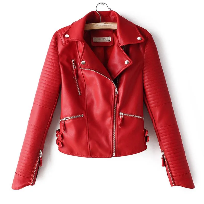 FTLZZ Autumn Women Faux Soft Leather Jacket Pu Motorcycle Zipper Rivet Coat Turndown Collar Black Red Pink Biker Leather Outwear