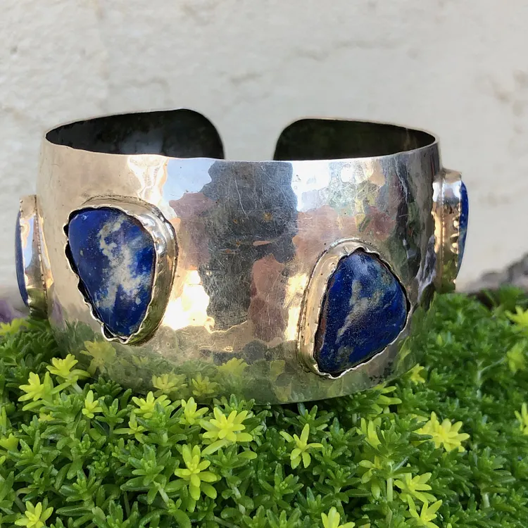 Wide Cuff Bracelet with 6 Denim Blue Lapis Lazuli Stones Sterling Silver
