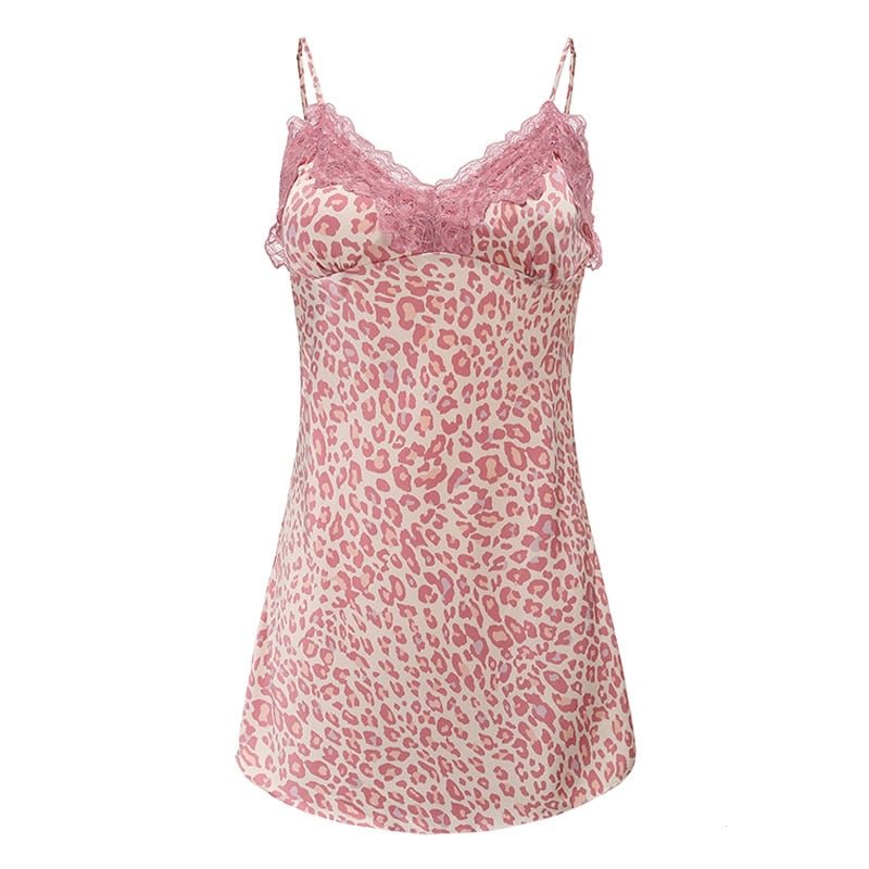 TERMEZY Sexy Womens Silk Sling Nightdress Sleepwear Satin Sleepwear Leopard Lingerie V-neck Nightwear Comfortable Homewear