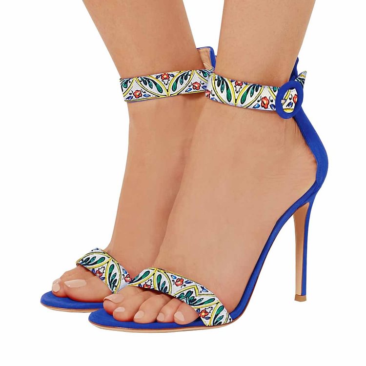 Women's Royal Blue Floral  Stiletto Heel Ankle Strap Sandals |FSJ Shoes