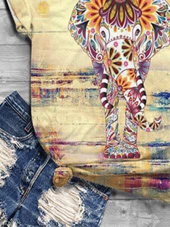 Bestdealfriday Color Elephant Printed Casual Short Sleeved Round Neck T-Shirt 9343047