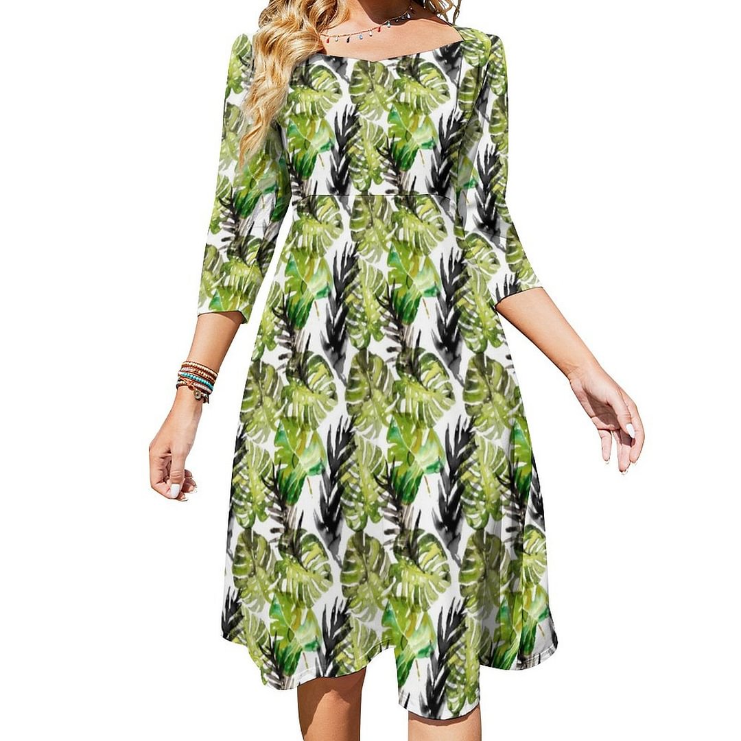 Watercolor Black Green Tropical Leaves Pattern Dress Sweetheart Tie Back Flared 3/4 Sleeve Midi Dresses