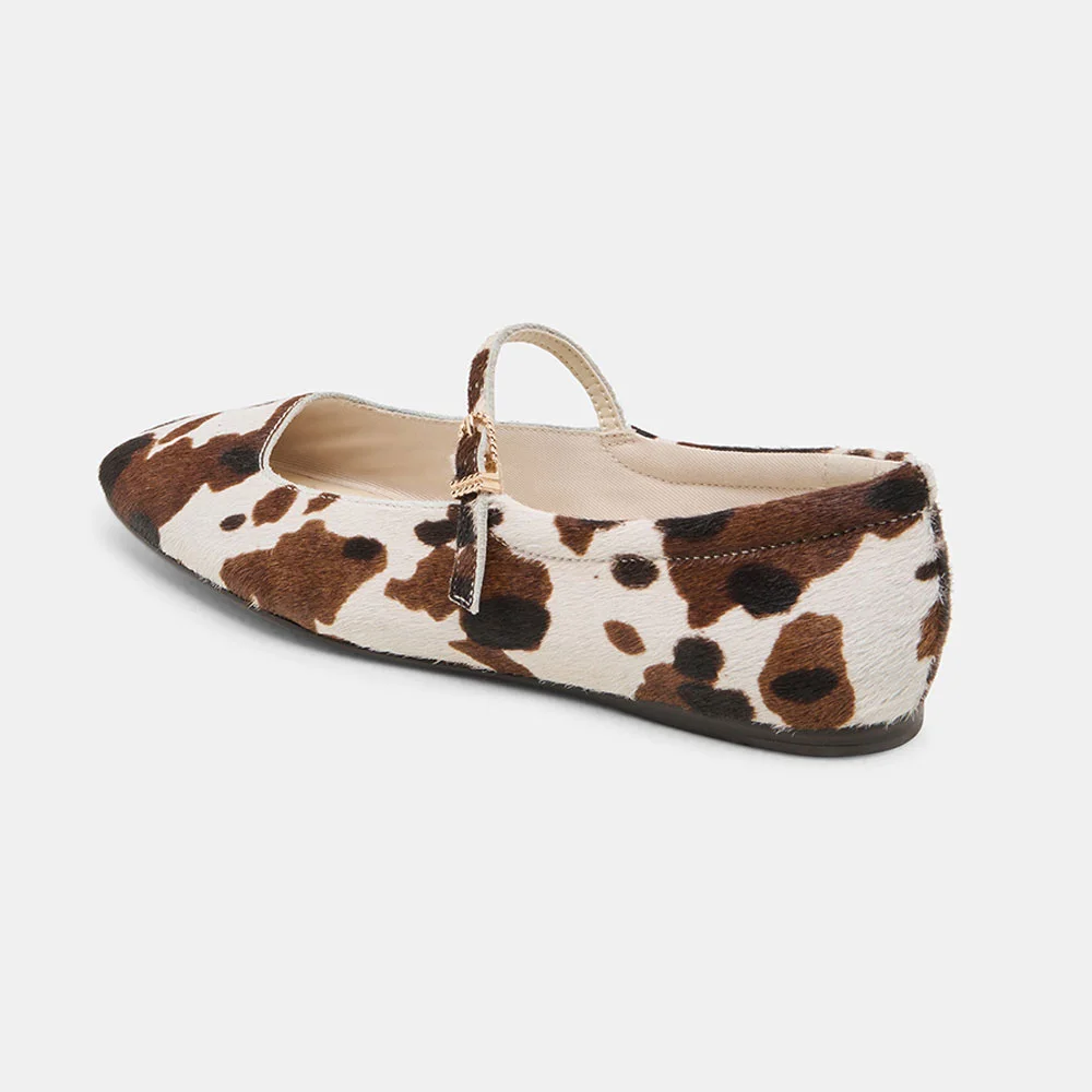 YDN Brown & White Square Toe Cow Print Flats with Buckle Strap