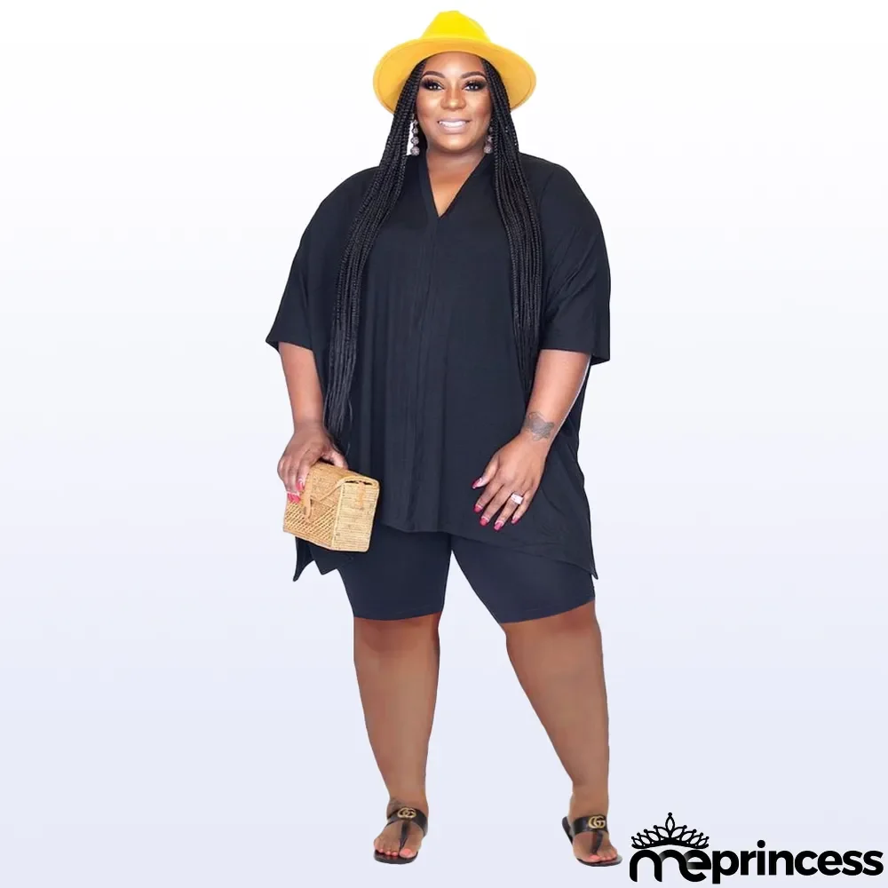 Plus Size Solid Casual Two Piece Shorts Sets