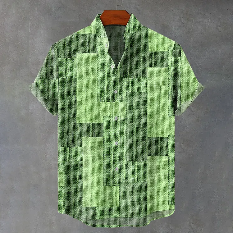Green Rectangular Geometry Vintage Print Casual Cotton Shirt