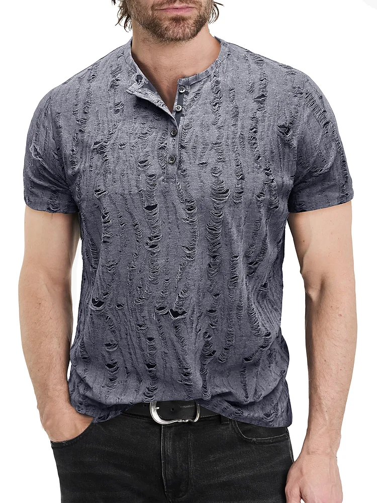  Men's Fashion And Casual Distressed Fabric Short-sleeved Henley Shirt