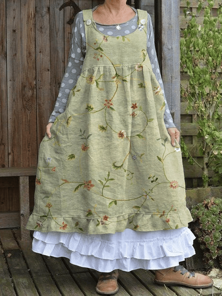 Women'S Retro Lovely Floral Art Print Casual Cotton Dress 