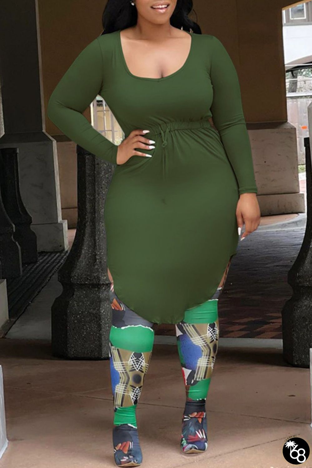 Army Green Casual Solid Basic U Neck Long Sleeve Plus Size Dresses | 168DEAL