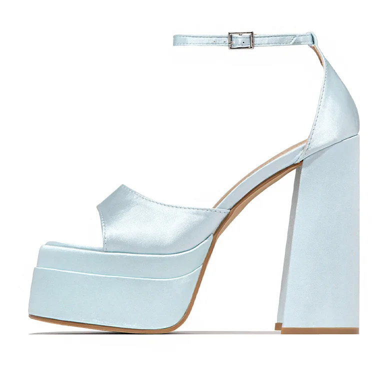 6. Light Blue Square Toe Platform Sandals - Chunky Heels Vdcoo