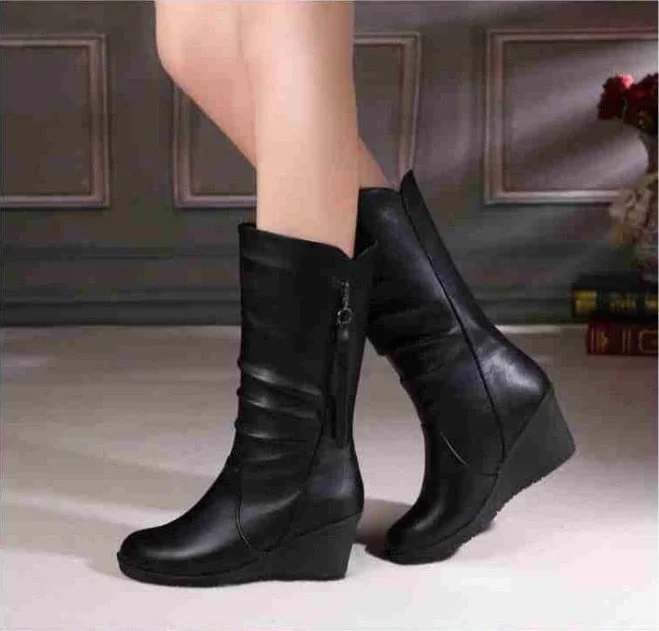 Winter Warm Fur  Boots Womens  Boots High Heels Side Zipper Female Shoes Black Woman Boots Shoes Wedge Boots Shose Women