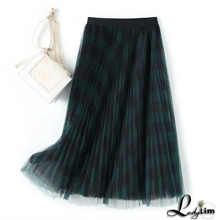 Spring High Waist Mid-length Pleated Skirt Mesh Skirt