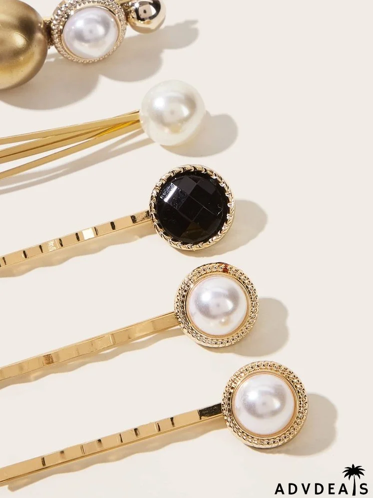 6pcs Faux Pearl & Heart Decor Hair Clip