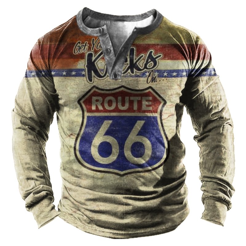 Men's Vintage Route 66 Print Outdoor Long Sleeve Henley T-Shirt