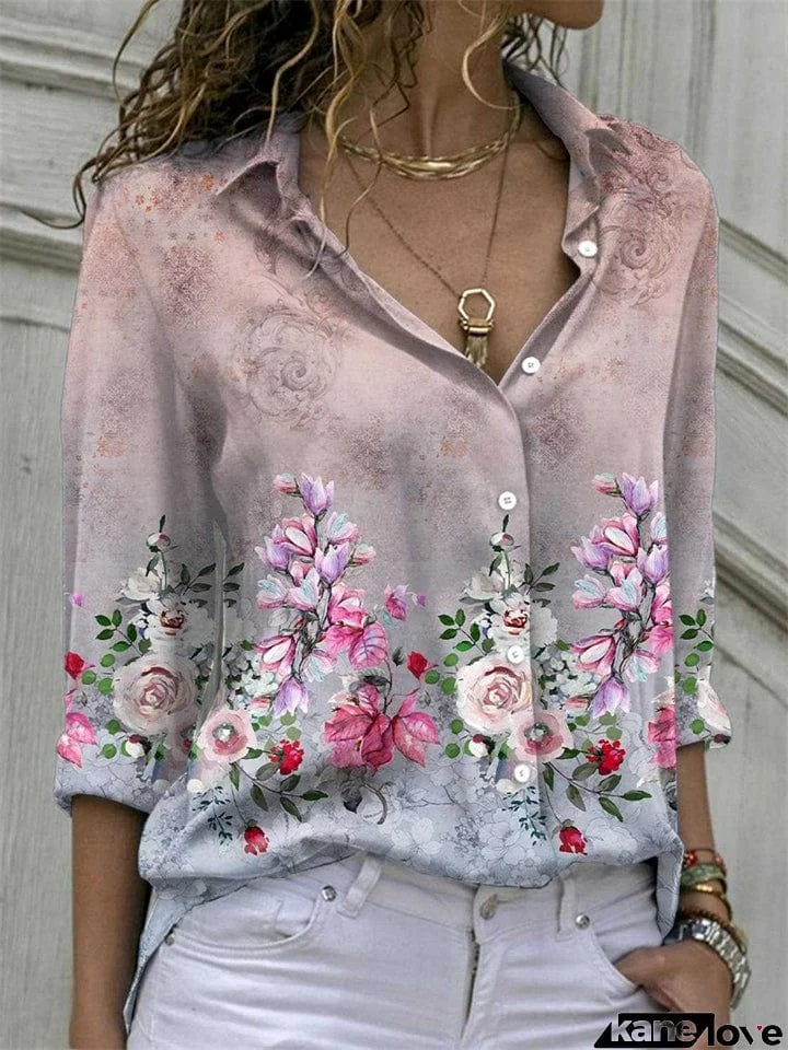 Women’s Spring Vivid Floral Print Long Sleeve Button Blouses