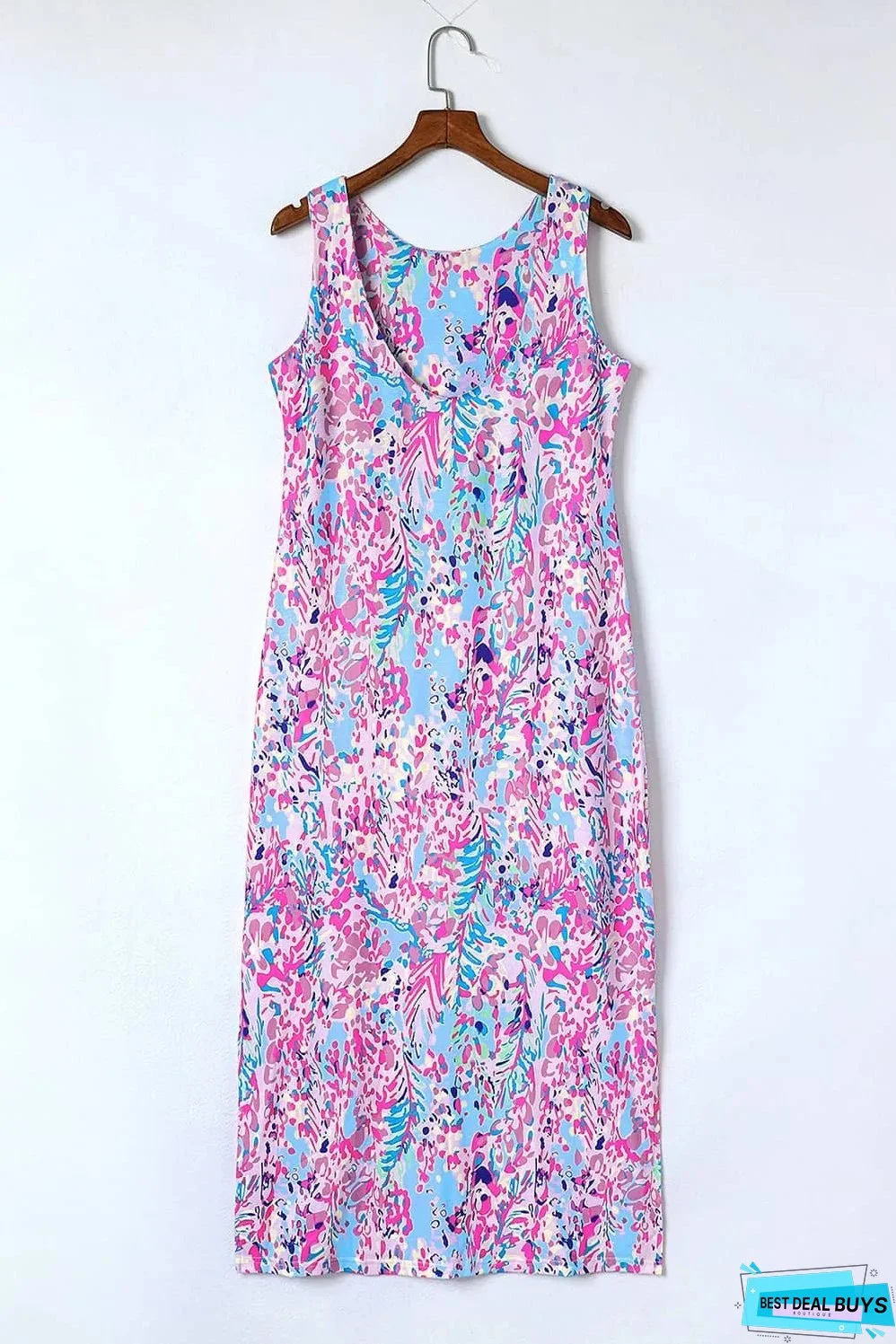 Purple Abstract Floral Print Sleeveless Maxi Dress
