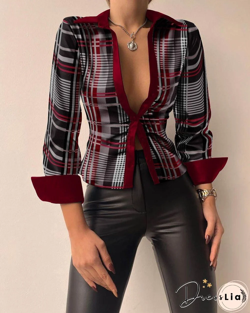 Spring Long-sleeved V-neck PU Leather Stitching Women's Leather Jacket Soldi Color Print Slim Coat Jackets For Women