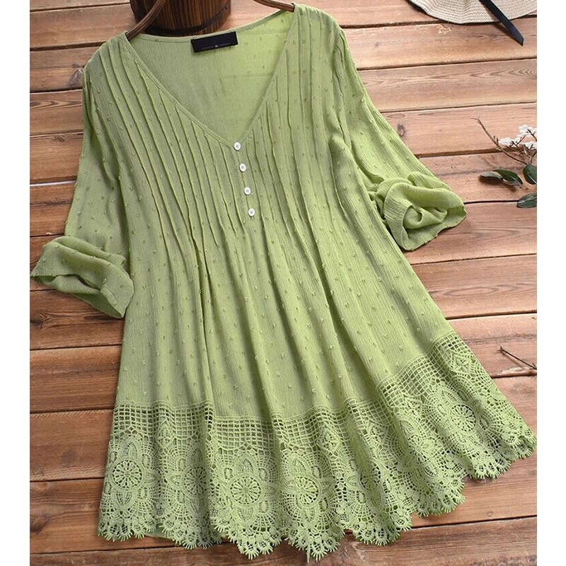 Lace Patchwork Cotton Linen Shirt Women V Neck Short Sleeve Pullover Womens Tops Summer Plus Size Loose Female Shirts Vintage