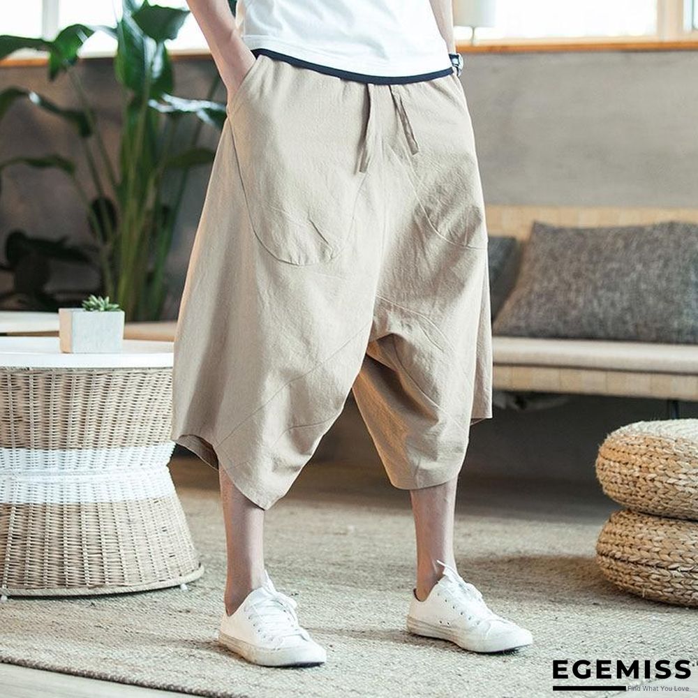 Men Wide Crotch Pants Loose Large Cropped Wide-legged Bloomers Flaxen Baggy Trousers | EGEMISS