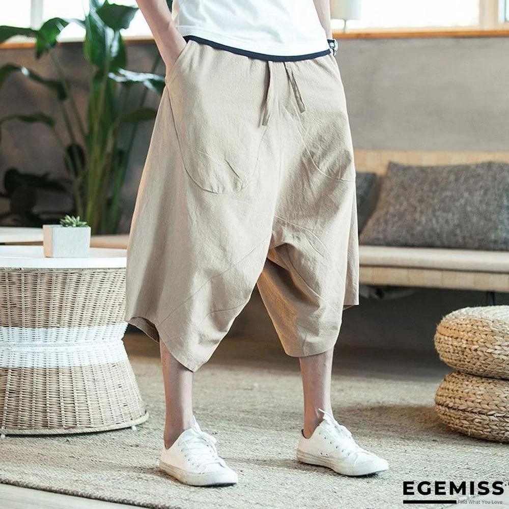 Men Wide Crotch Pants Loose Large Cropped Wide-legged Bloomers Flaxen Baggy Trousers | EGEMISS