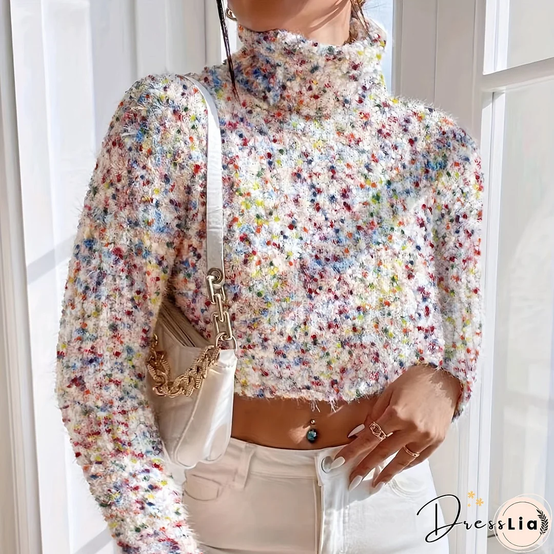 Colorful Dot Turtle Neck Pullover Sweater, Casual Long Sleeve Crop Sweater, Women's Clothing