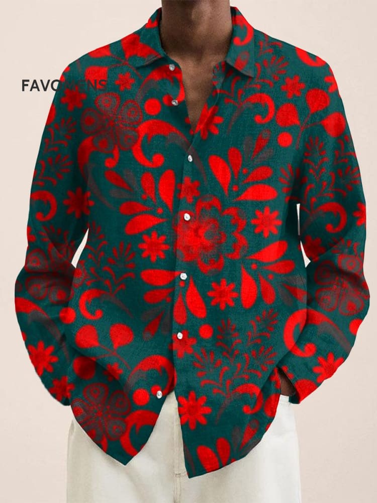 Bright Red Flowers Vintage Stripe Print 100% Cotton Long Sleeve Shirt Multicolor / S