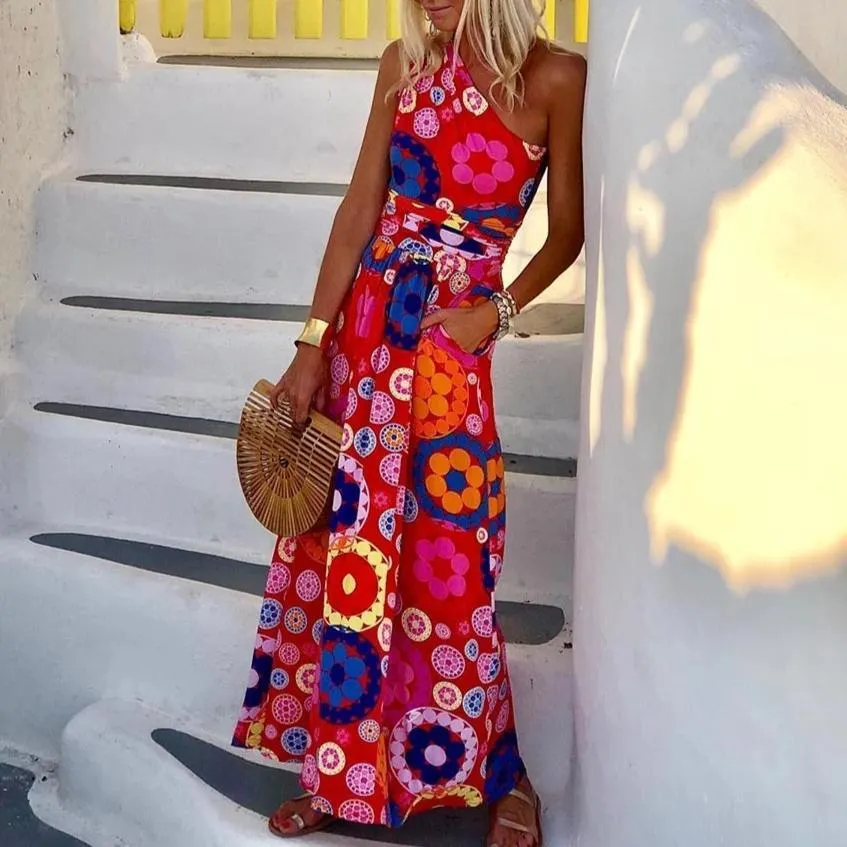 Fashion Floral Printed One Shoulder Maxi Dress-vocosishoes