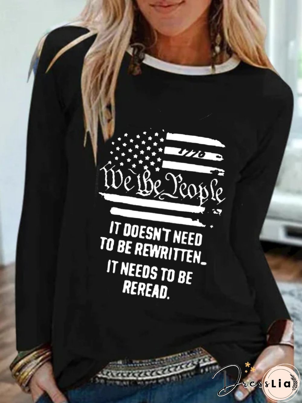 Long Sleeve Round Neck Plus Size Printed Tops T-Shirts