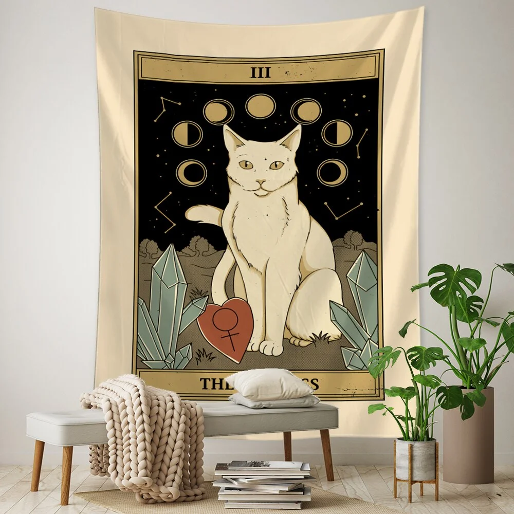 Tarot Card Tapestry Wall Hanging Bohemian Style Cat Mysterious Divination Witchcraft Beach Moon Phases Beautiful Room Decor