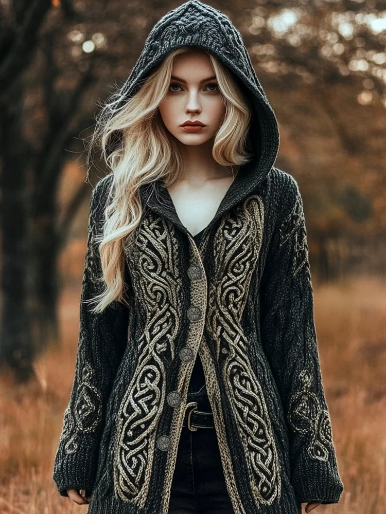 VChics Viking Celtic Knot Knit Women's Hooded Cardigan
