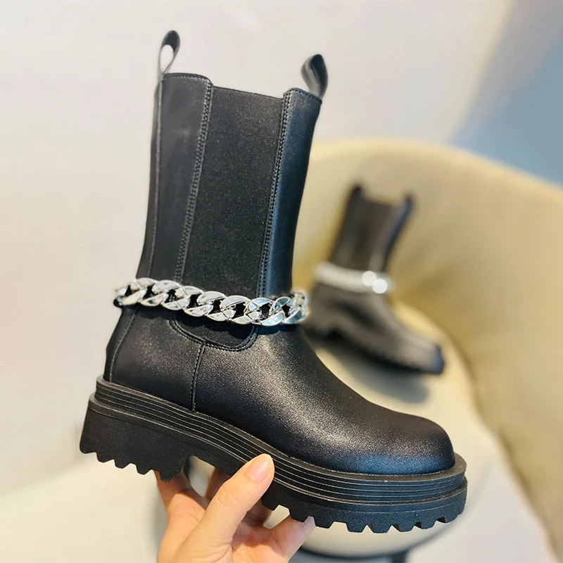 Women's Short Boots Black Removable Metal Chain Fashion Woman Ankle Boot Shoes Leather Platform Luxury Chelsea Boot Winter 2021