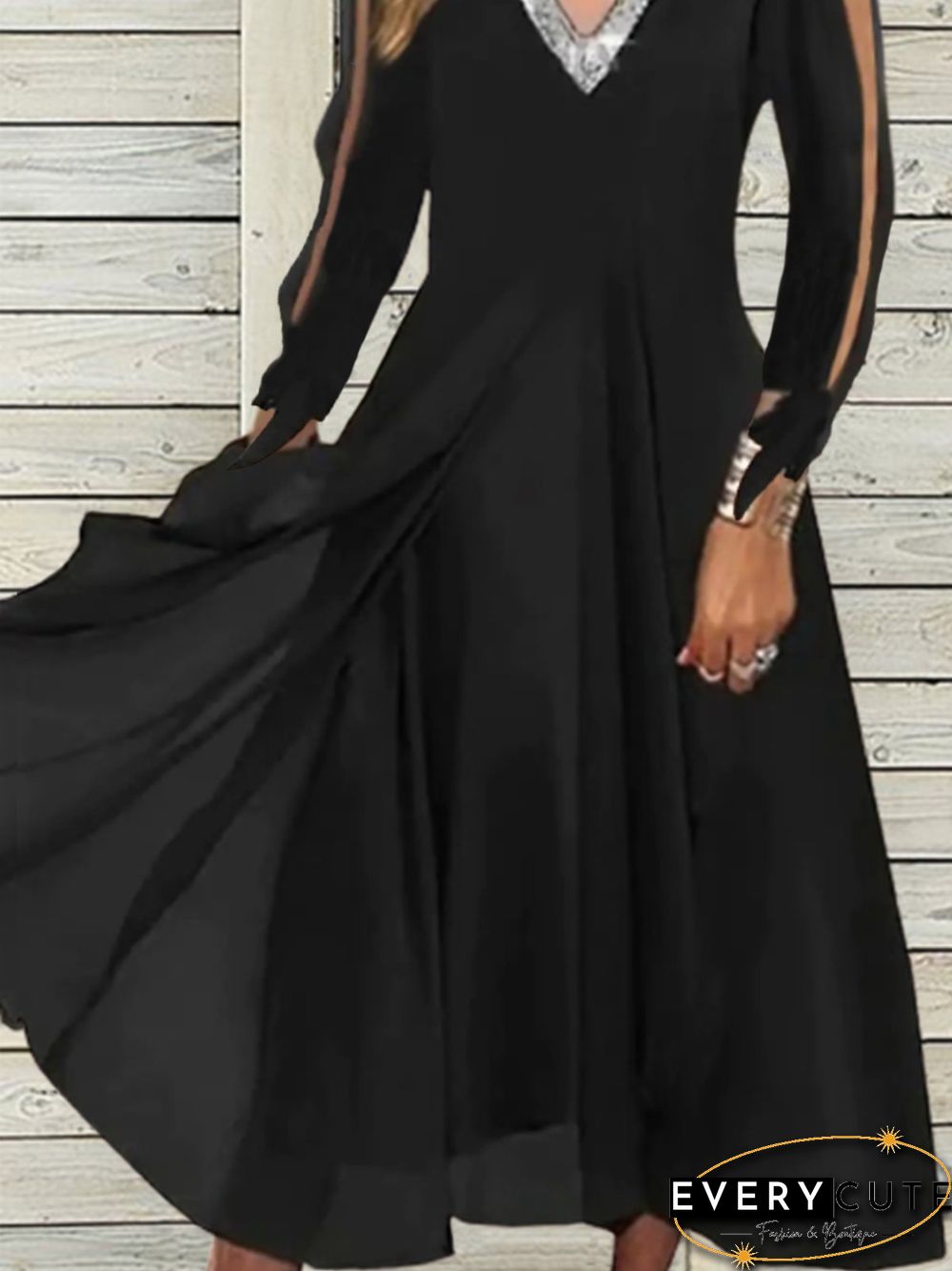 Casual Long Sleeve V Neck Midi Dress