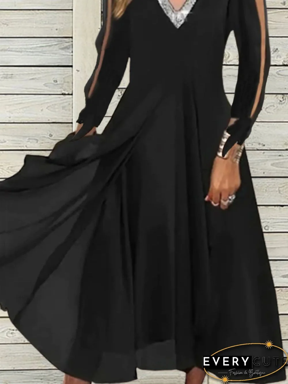 Casual Long Sleeve V Neck Midi Dress