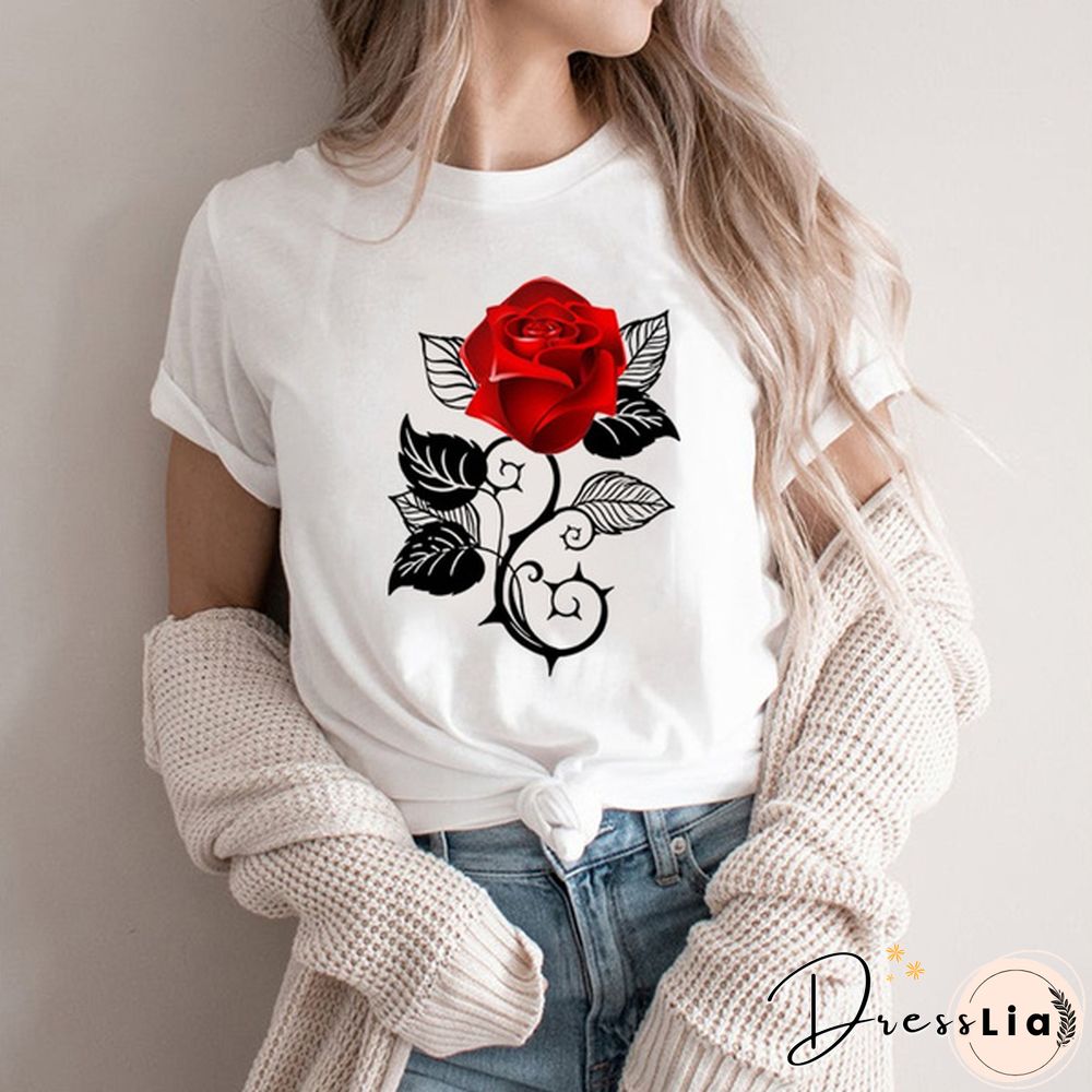 Girls and Women's Fashion Red Rose Printed T-Shirt Cute Graphic Tee Shirt Ladies Summer T-shirts Casual Plus Size Tops Flower T Shirts