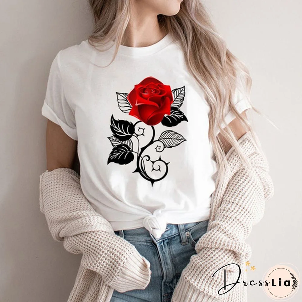 Girls and Women's Fashion Red Rose Printed T-Shirt Cute Graphic Tee Shirt Ladies Summer T-shirts Casual Plus Size Tops Flower T Shirts