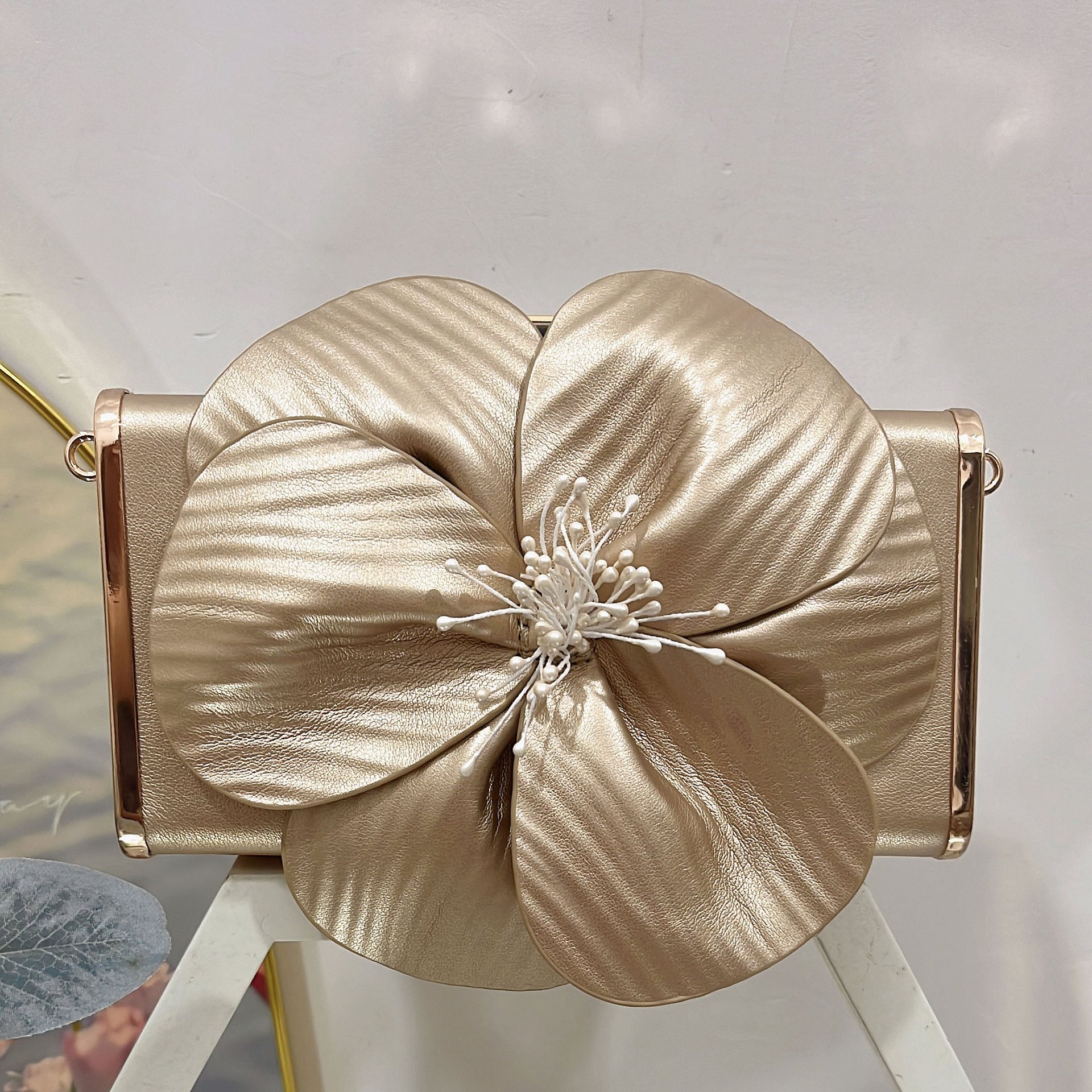 Evening Champagne PU Leather 3D Floral Lock-Clasp Square Bag 2024 - Flycurvy 