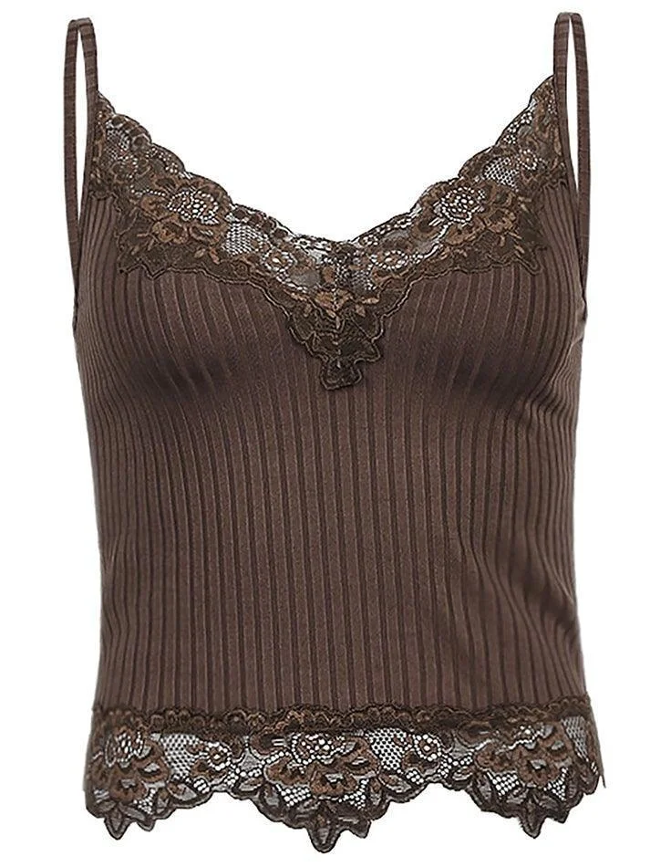 Brownm Lace Paneled Rib Crop Cami Top