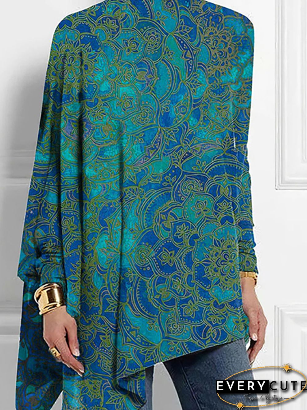 High-Low Long Sleeves Asymmetric Printed High Neck T-Shirts Tops