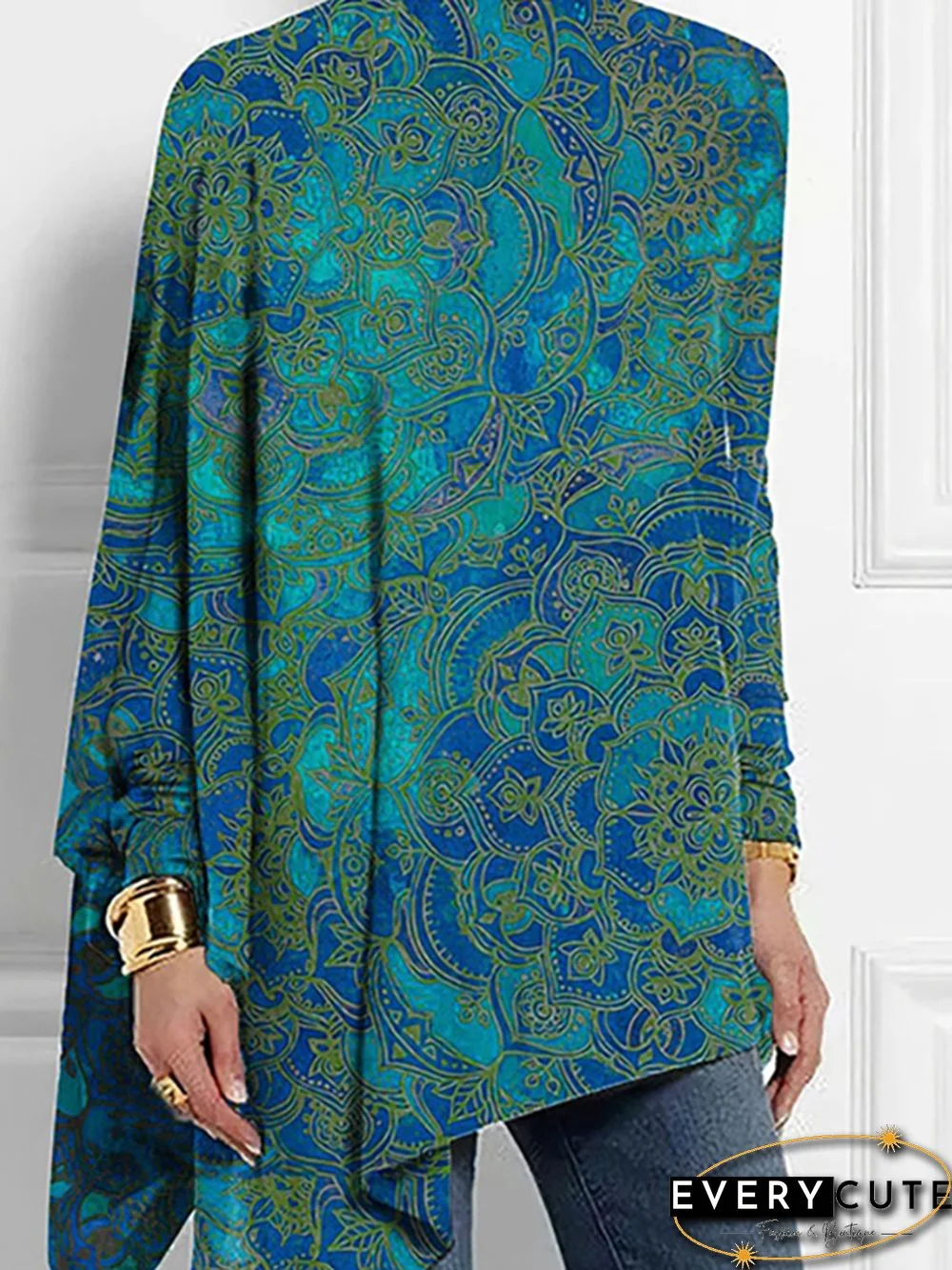 High-Low Long Sleeves Asymmetric Printed High Neck T-Shirts Tops