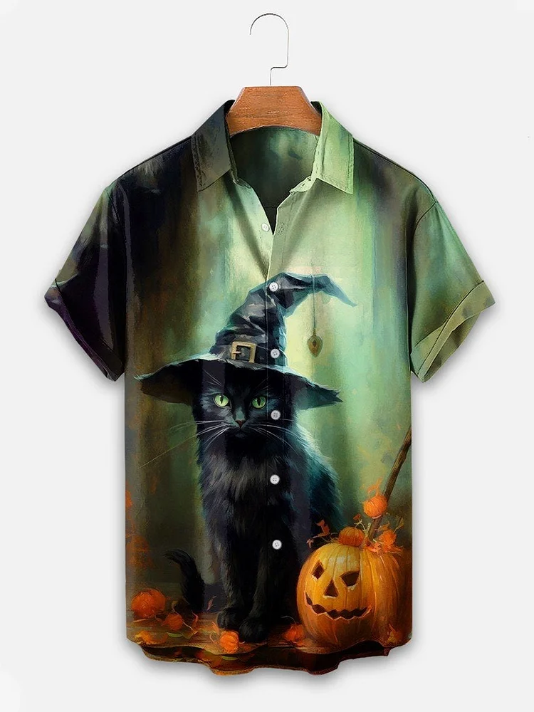 Men's Halloween Cat Print Casual Shirt