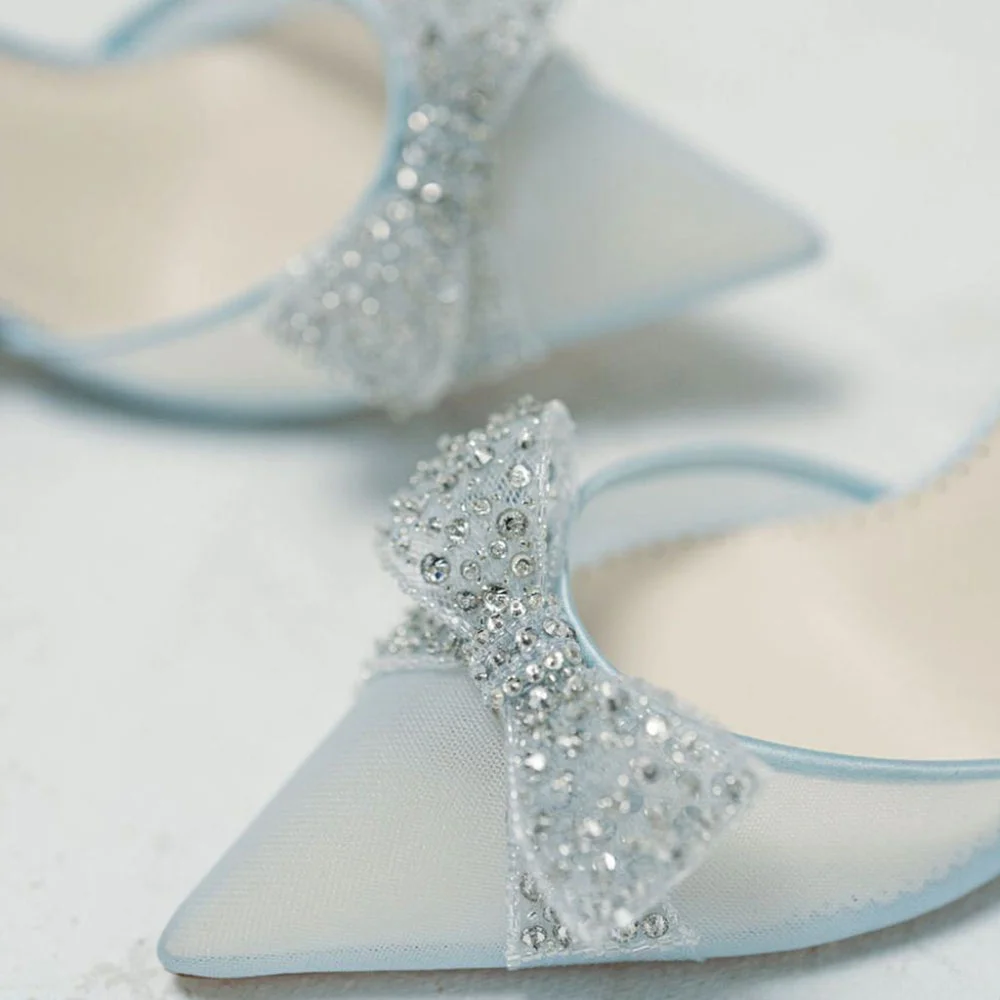 Light Blue Mesh Chunky Heel Pointed Toe Rhinestone Bow Wedding Shoes