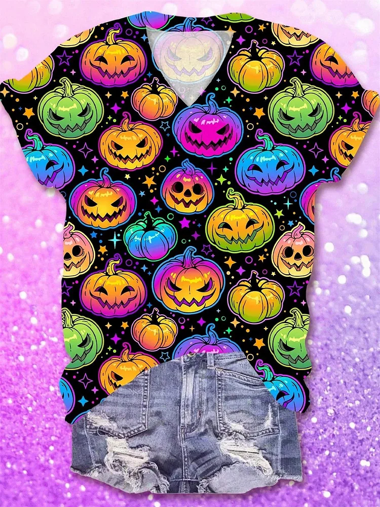 Women's Colorful Pumpkin Print V-neck T-shirt