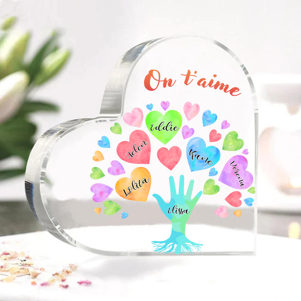 Plaque Acrylique en Forme de Cœur 6 Prénoms Personnalisés avec Texte pour Famille