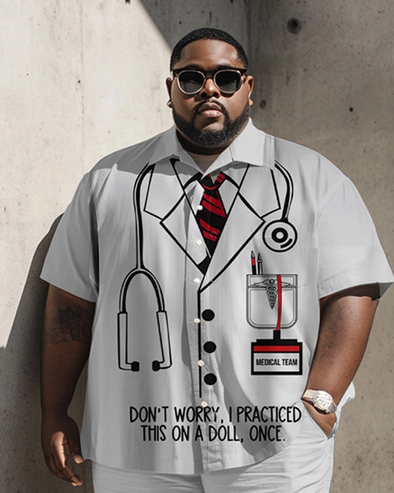 Men's Plus Size Street Fashion White Cartoon Doctor Cosplay Printed Shirt Shorts Suit