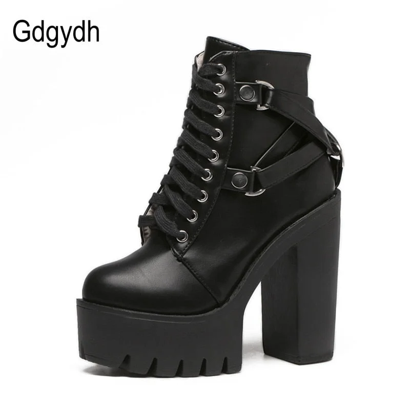 Gdgydh Fashion Black Boots Women Heel Spring Autumn Lace-up Soft Leather Platform Shoes Woman Party Ankle Boots High Heels Punk