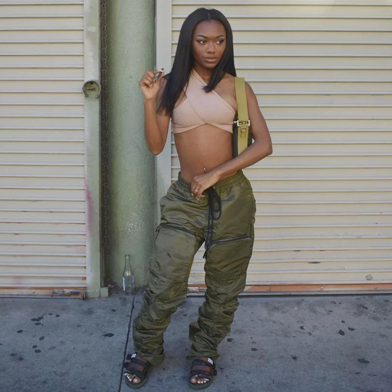 BIIKPIIK Workout Overalls Female Cargo Pants Oversized Solid Low Waist Drawstring Casual Trousers Baggy Pockets Retro Streetwear