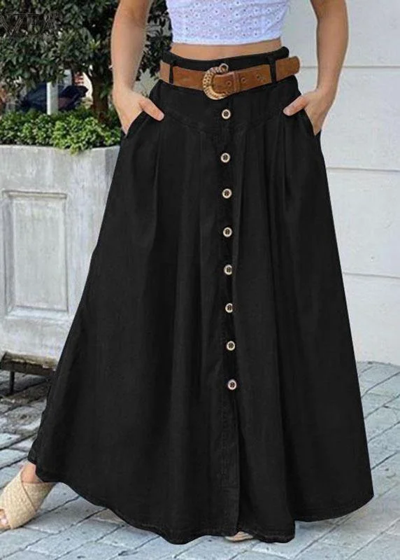 Women Solid Color Bottom Front Loose Casual Long Skirt With Pocket