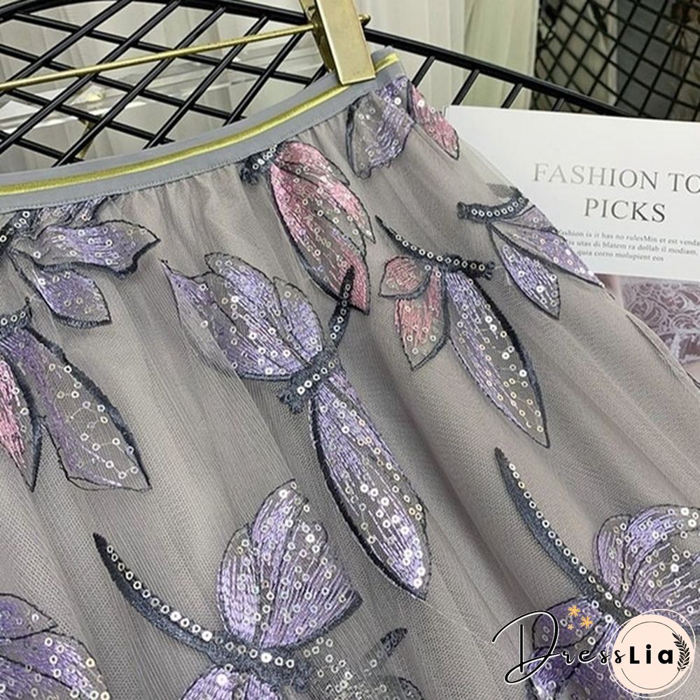 High Quality Sequins Embroidery Dragonfly Two Layer Mesh Pleated Skirt Women Summer High Waist Long Skirts Womens Elegant
