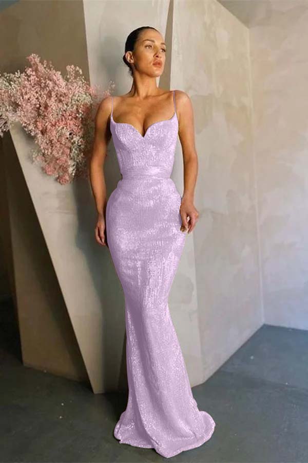 Daisda Mermaid Spaghetti-Straps Sequins Prom Dress Long